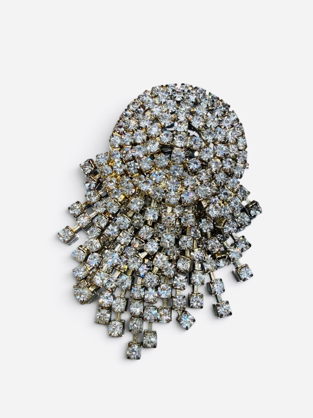 Vintage Domed Layered Rhinestone Waterfall w/ Cross Center Statement Brooch
